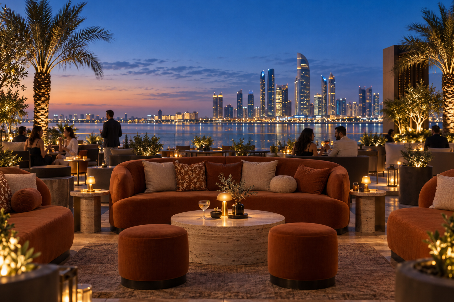 Illustrative waterfront rooftop at sunset